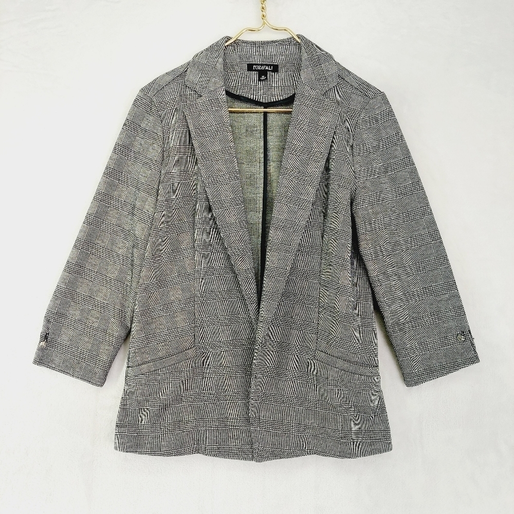 Roz & Ali Gray Plaid Open Front Notched Lapel Business Casual Blazer P2820